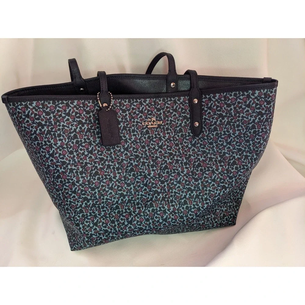 Coach City Tote Teal Burgundy Floral Crossgrain Leather Shoulder Bag F38231